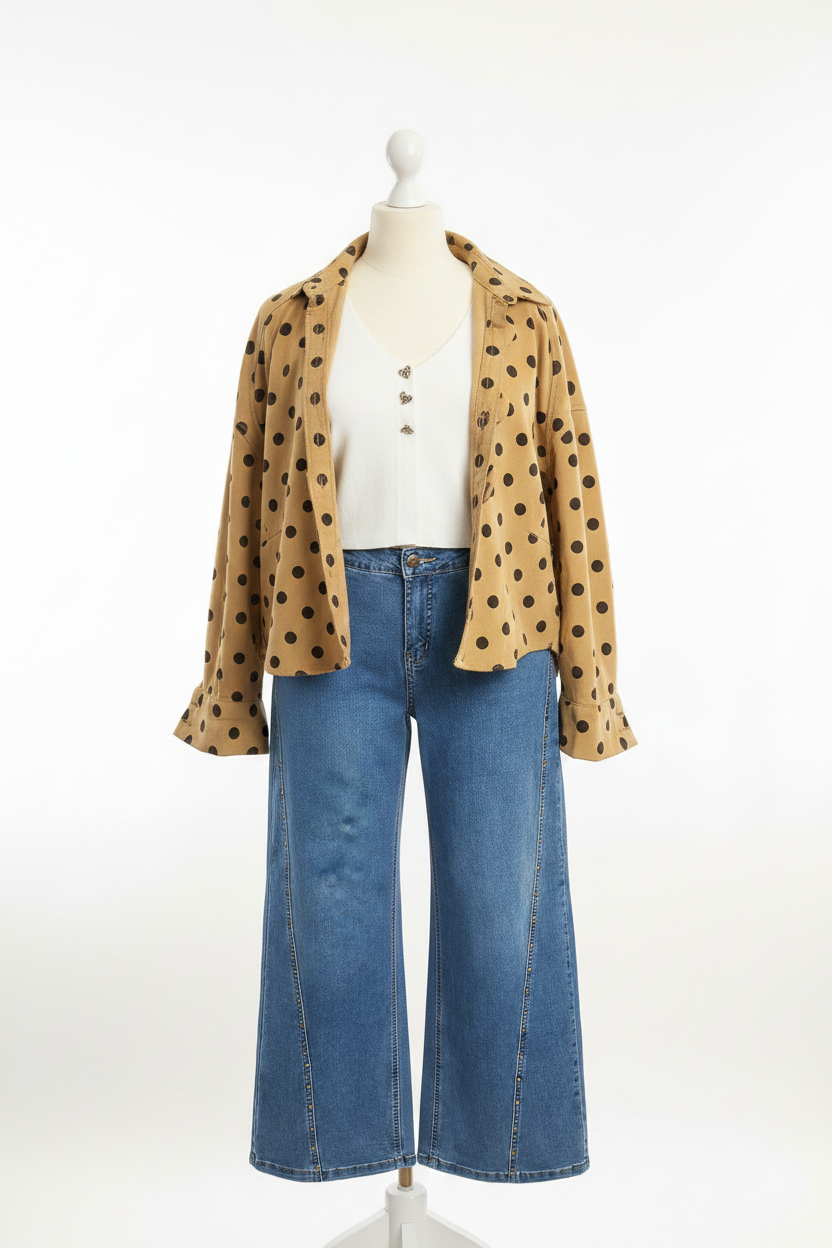 Jeans, Cardigan, Polka-Dot offen drüber