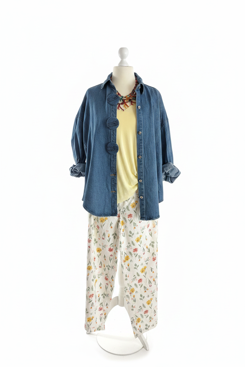Jeansjacken-Outfit – strahlend weiße Wand