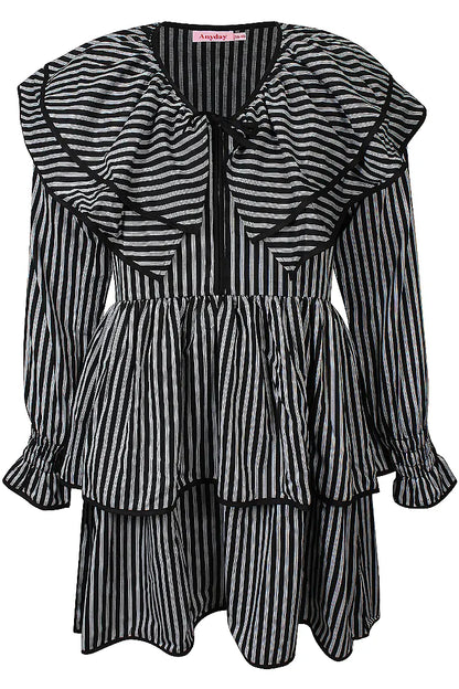 Volant-Kleid mit Rüschenkragen in schwarz-weiß Streifen