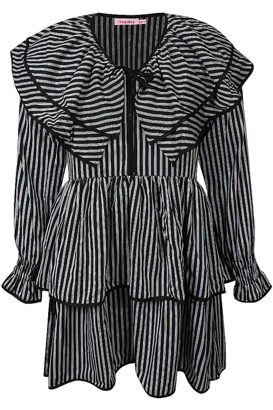 Volant-Kleid mit Rüschenkragen in schwarz-weiß Streifen