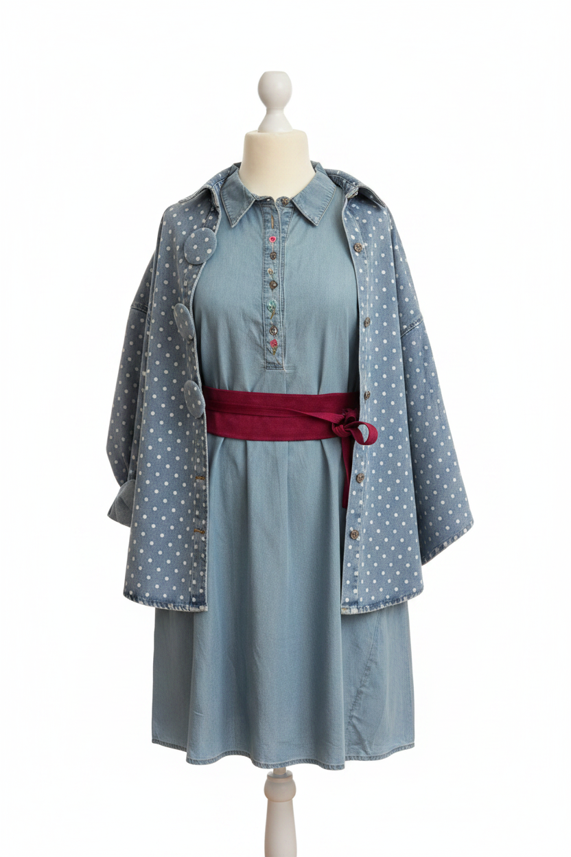 Denim Polka Dots Kleid weiße Wand