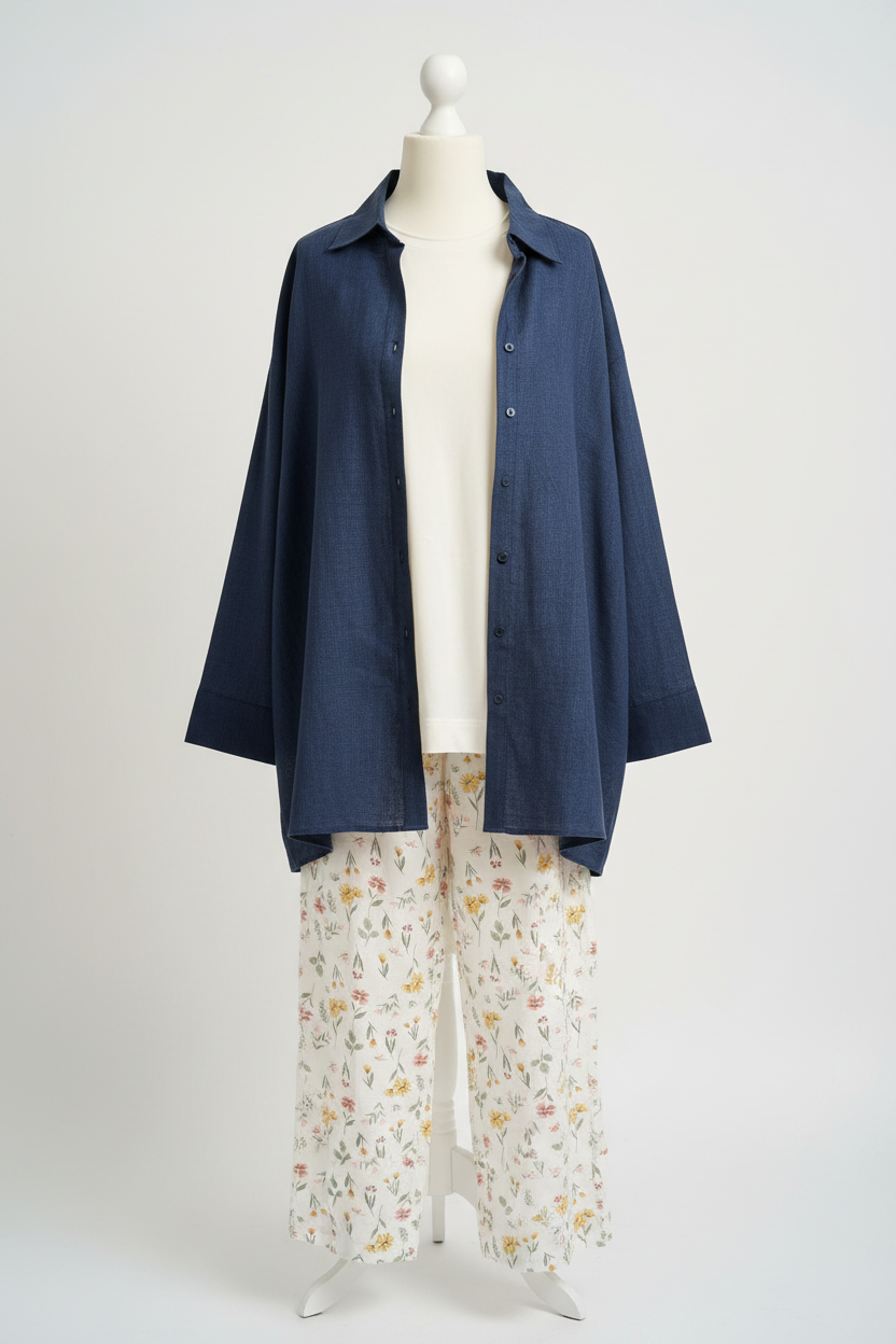 Navy Leinenbluse weiße Wand