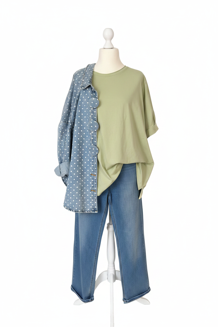 Olivgrünes T-Shirt mit Polka-Dot Jeansjacke vor weißer Wand